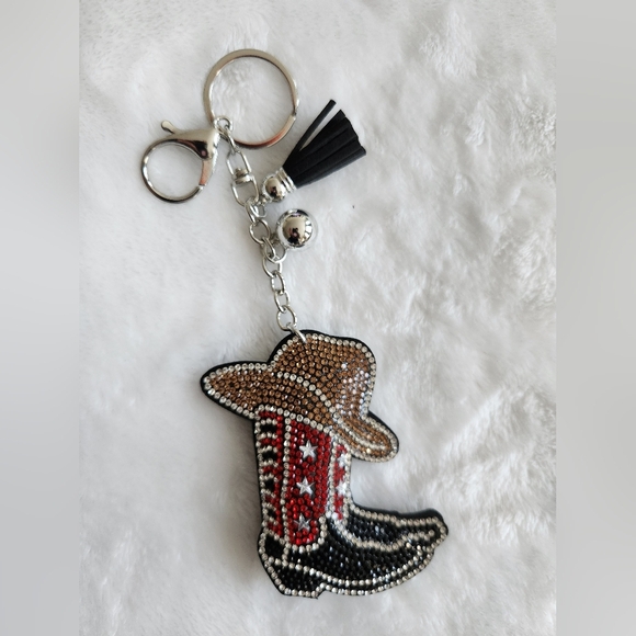 Rhinestone Cowboy Cowgirl Boot And Hat Keychain Bag Charm - Picture 1 of 2